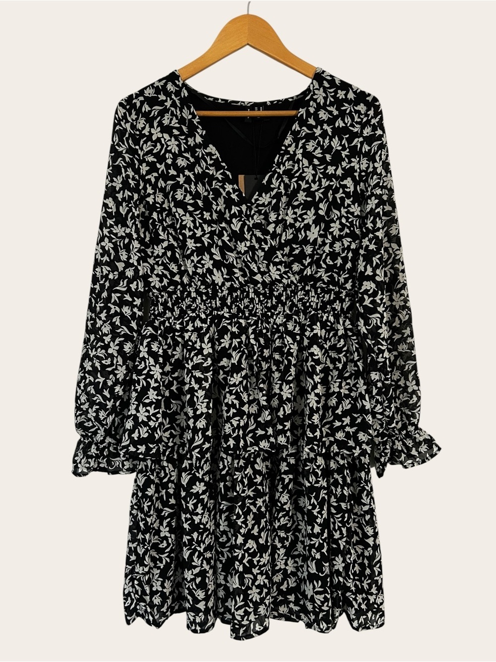 Vero Moda Black Floral Long-Sleeve Smock Waist Dress NWT